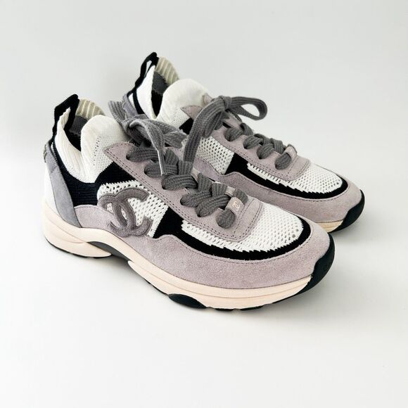 Chanel CC Tennis Shoes Suede Knit Trainer Sneaker Eu 38 US 7-7.5 - Picture 2 of 12